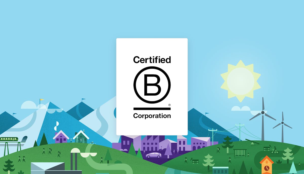 B Corporation Certification for Sustainable Business Responsibility Certified B Corporation logo displayed in front of an illustrated sustainable city with renewable energy infrastructure