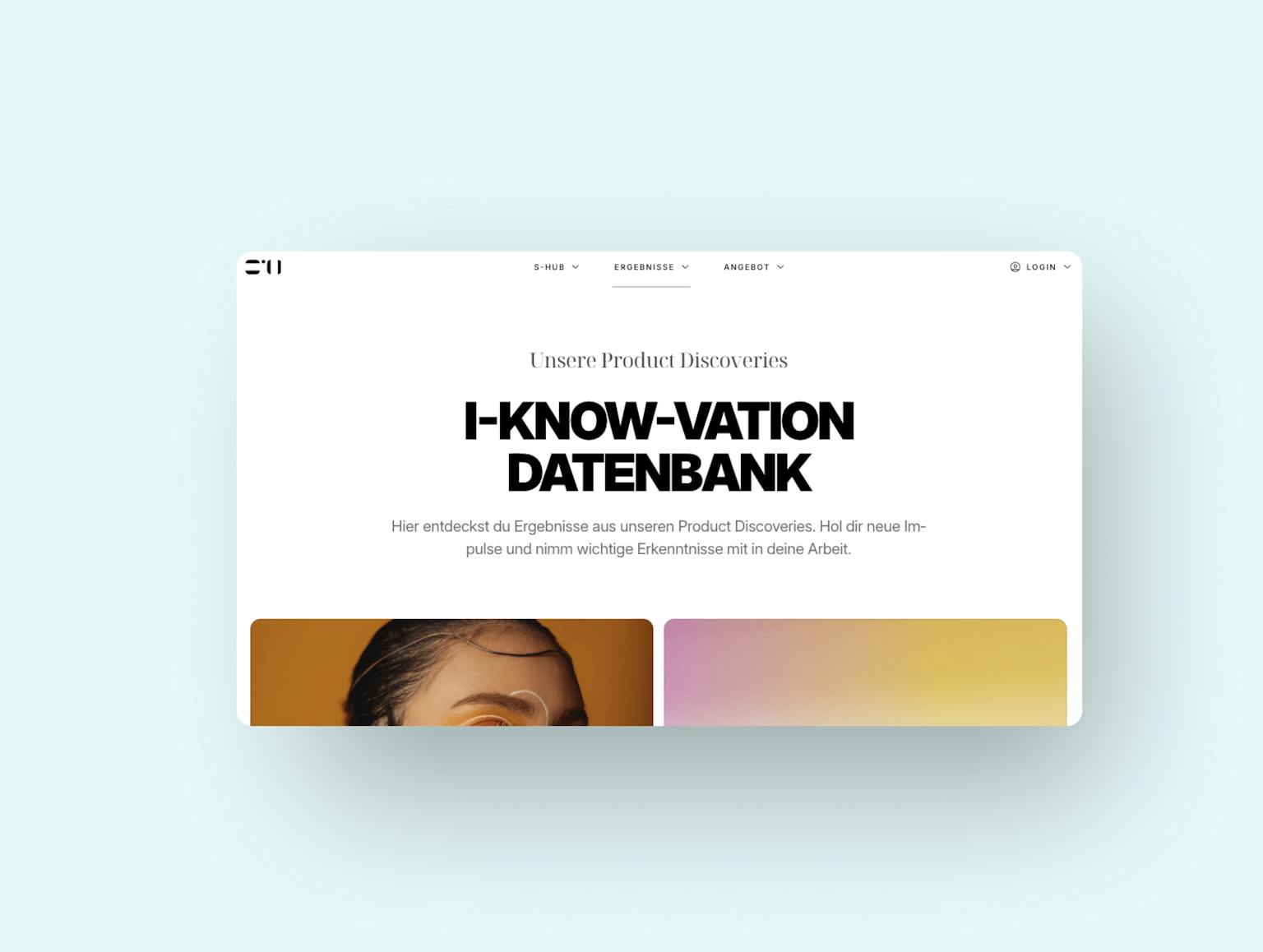 I-Know-Vation Datenbank – Produktentdeckungs-Plattform Website-Startseite mit Headline 'I-KNOW-VATION DATENBANK' und zwei farbigen Bildkacheln, die eine Produktentdeckungs-Plattform präsentieren
