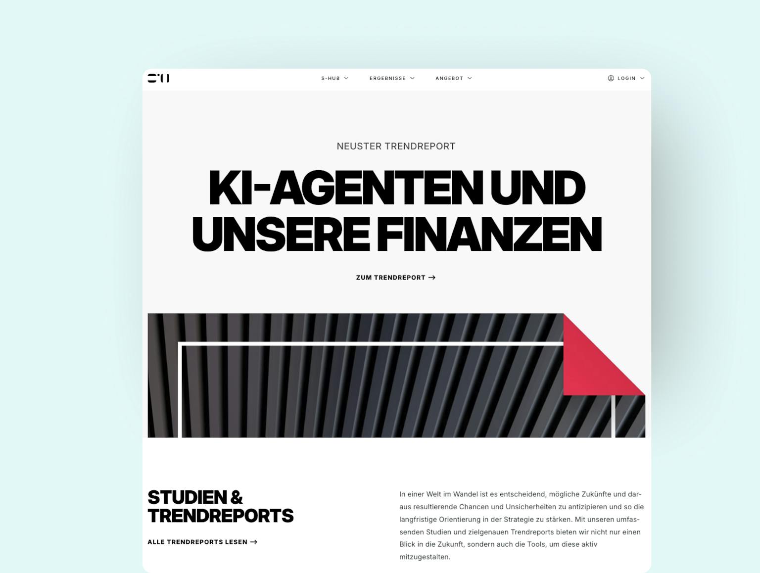 Neuster Trendreport: KI-Agenten und unsere Finanzen Website-Hero mit großer Überschrift 'KI-Agenten und unsere Finanzen' und Trendreport-Teaser zu KI-Themen