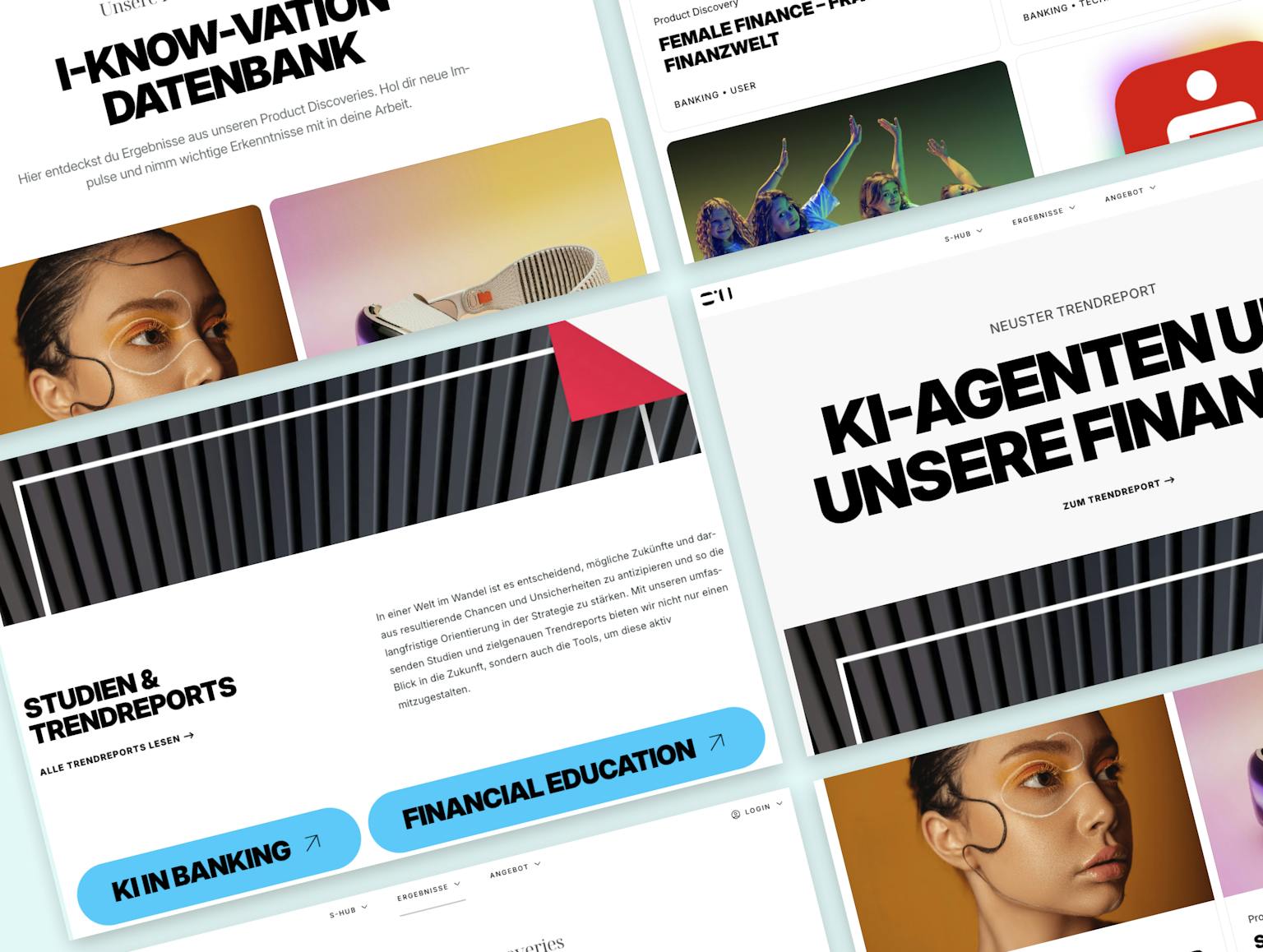 Design-Showcase: Finanzprodukte und Digital-Services Website-Mockups für Finanzprodukte zeigen i-Know Vation Datenbank, Female Finance und KI-Agenten-Services mit modernem Design und Porträtfotografien