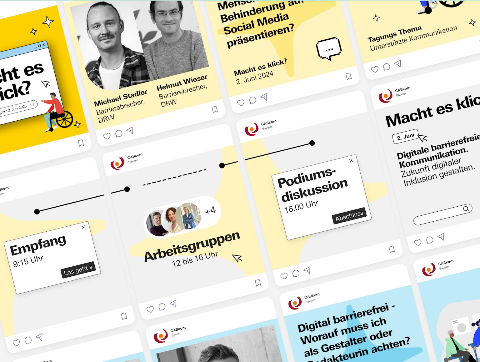 Cabkom Social-Media-Kampagne zu digitaler Barrierefreiheit Übersicht von Social-Media-Beiträgen und Veranstaltungen der Cabkom zu Themen wie digitale Barrierefreiheit und inklusive Kommunikation mit Porträts von Referenten.