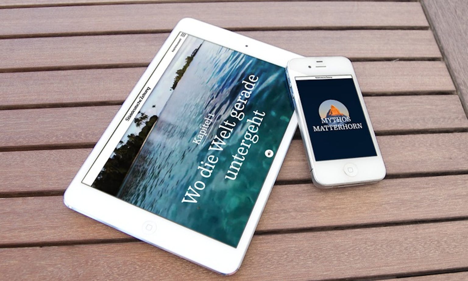 iPad und iPhone zeigen die responsive Website der Matterhorn-Kampagne mit Berglandschaft und Claim 'Wo die Welt gebade tummelt'