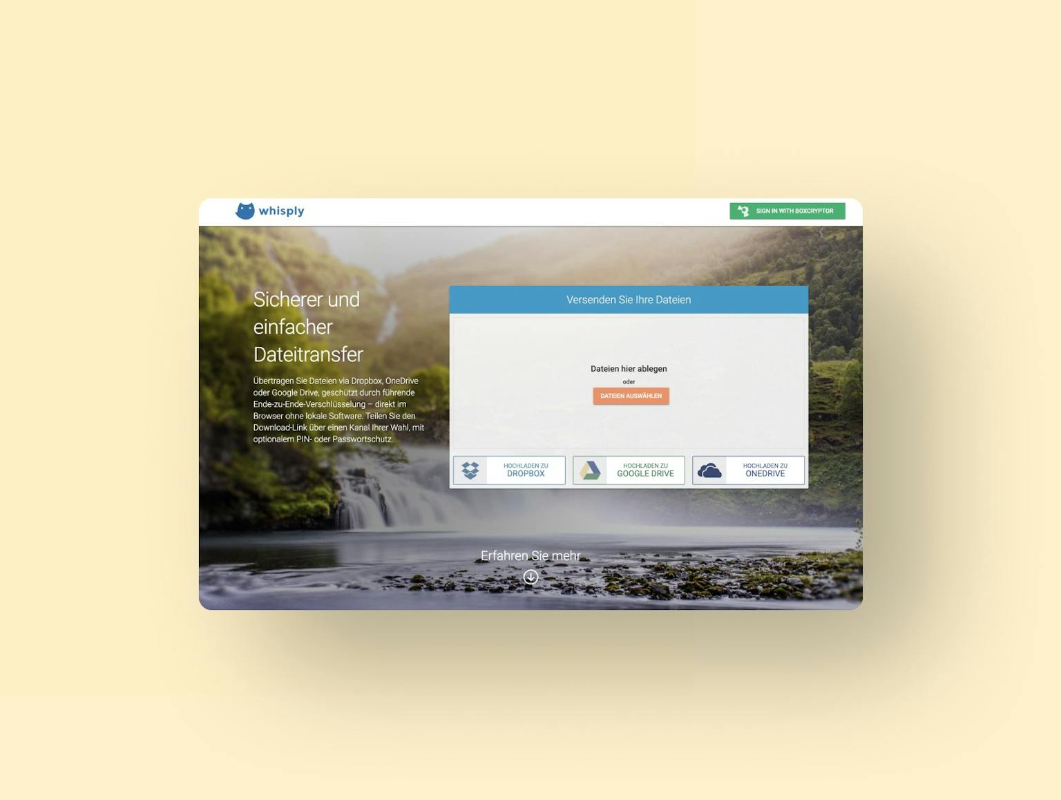 Whisply-Startseite zeigt sichere Dateiübertragung mit Cloud-Speicher-Integration und Benutzeroberfläche
