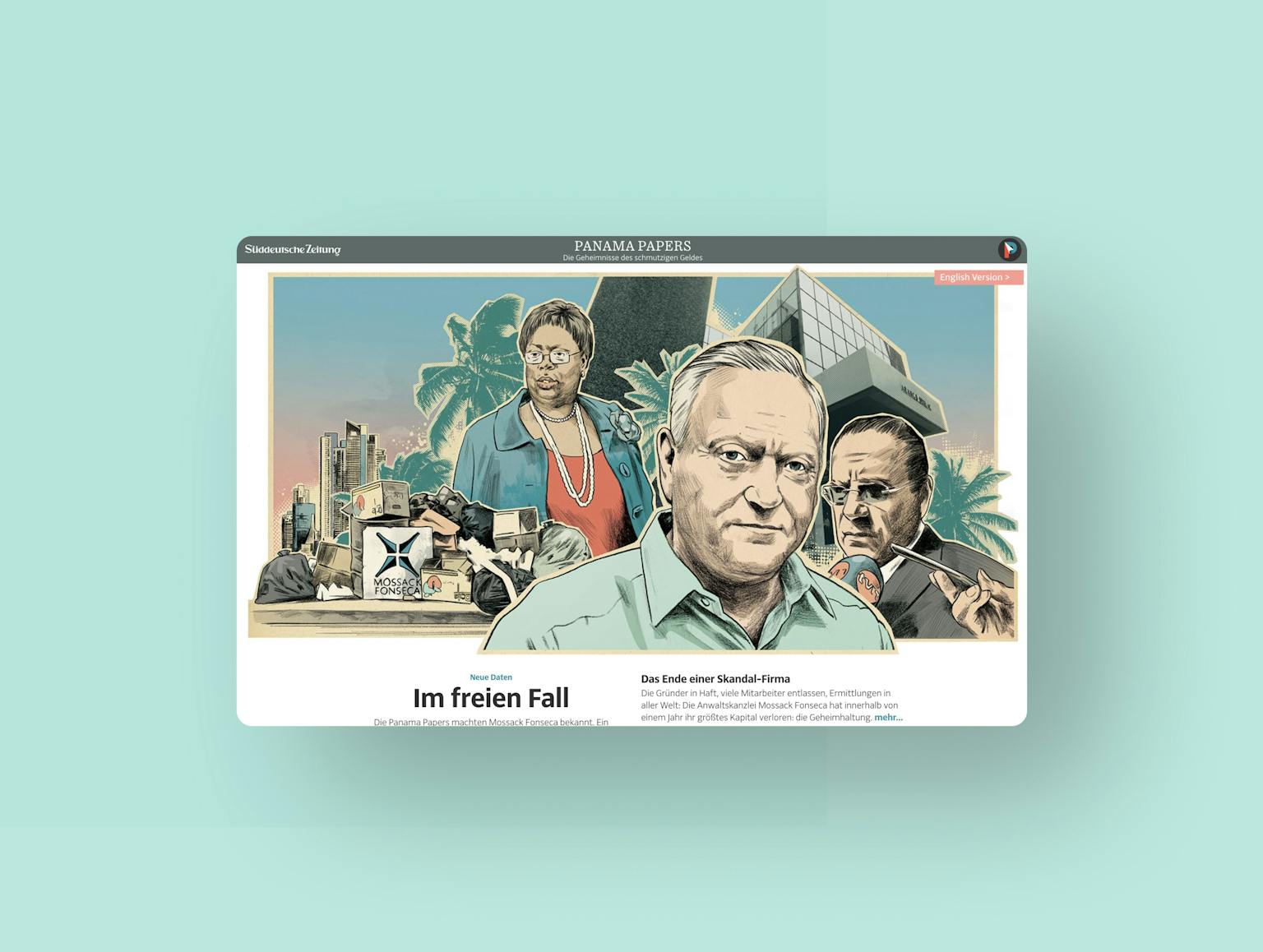 Illustration zur Panama Papers Affäre mit Porträts von beteiligten Personen, Hochhäusern und Palmen im Hintergrund