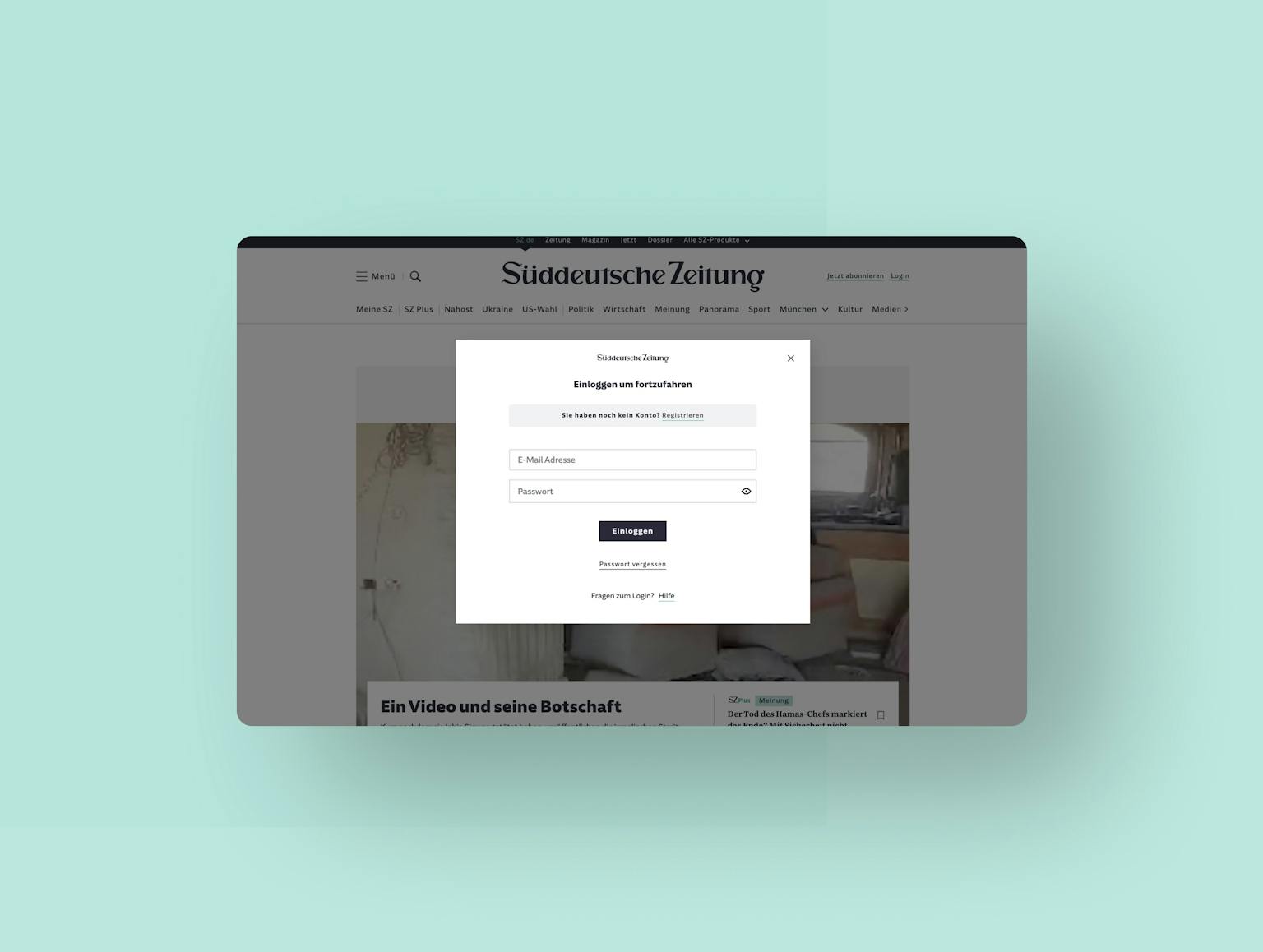 Login-Dialog der Süddeutschen Zeitung Website mit E-Mail- und Passwort-Eingabefeldern