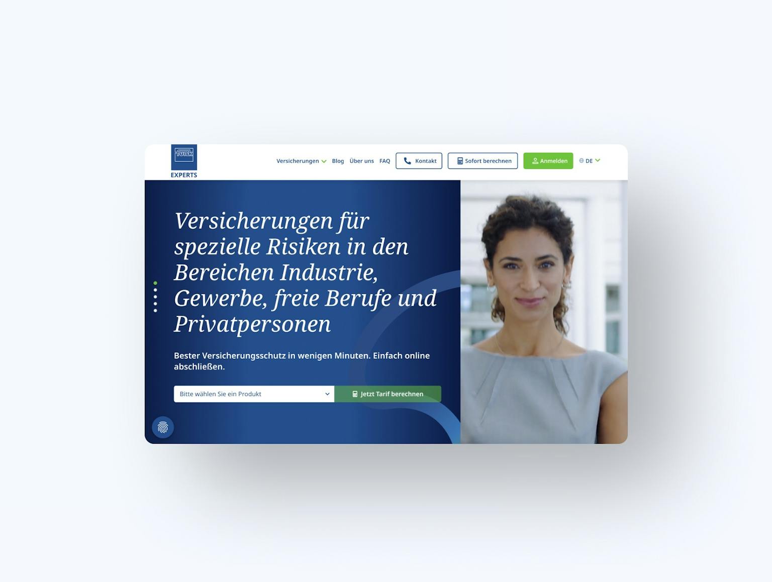 Frau in hellblauem Top vor unscharfem Büro-Hintergrund, neben Text zu Versicherungen für spezielle Risiken