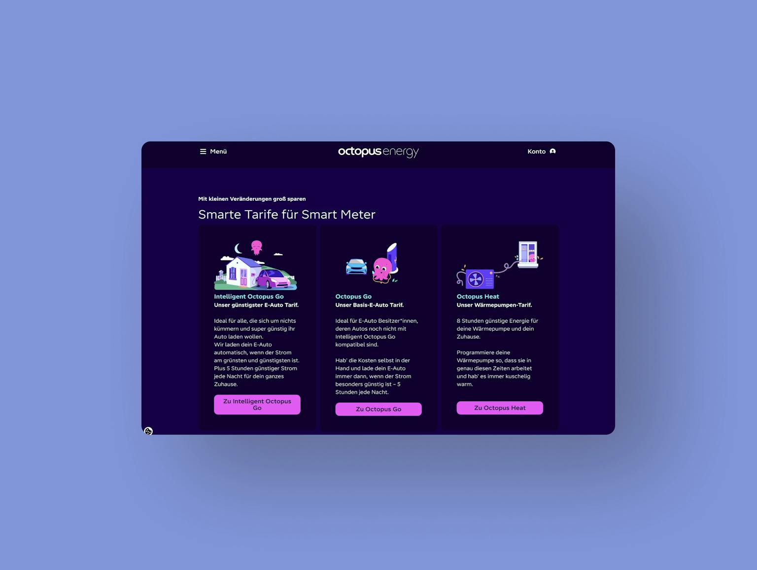 Smarte Tarife für Smart Meter Übersicht der drei intelligenten Octopus Energy Tarife: Octopus Go für Elektroautos, Octopus Bi-Directional für Batteriespeicher und Octopus Heat für Wärmepumpen mit Illustrationen und Beschreibungen.