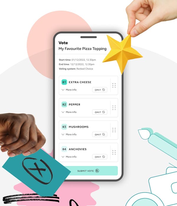 Pizza Topping Poll in Konsens App Voting app displayed on a smartphone showing a ranked choice poll for favorite pizza toppings with four options: Extra Cheese, Pepper, Mushrooms, and Anchovies.