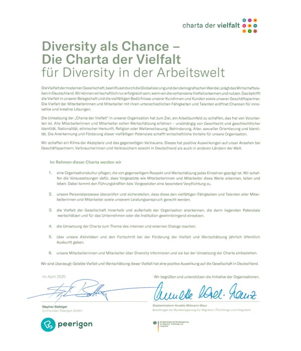Charter of Diversity – Commitment to Diversity Charter of Diversity document outlining diversity principles and signed by organizational leaders