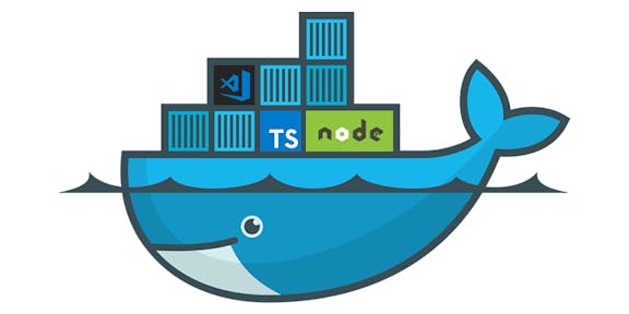 Docker whale carrying stacked shipping containers on its back, labeled with Visual Studio Code, TypeScript, and Node.js logos