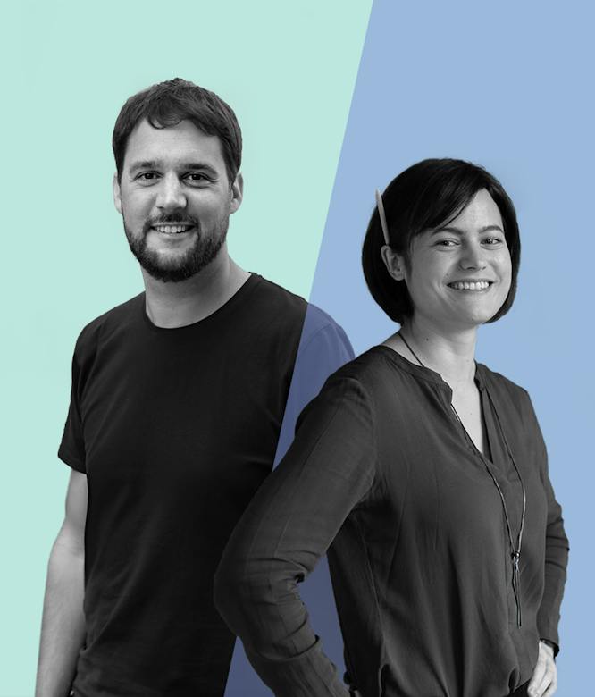 Stephan & Judith Portrait of two smiling people against a two-tone turquoise and blue background