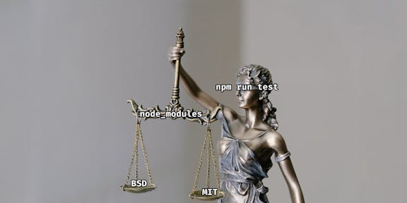 Lady Justice statue holding scales comparing BSD and MIT licenses, symbolizing open-source license evaluation