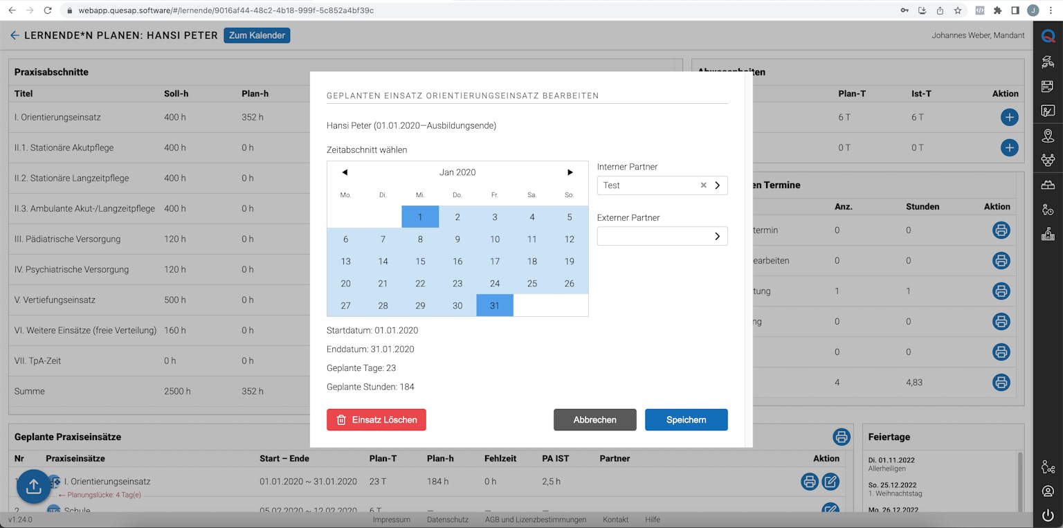 Einsatzplaner-Kalender für Januar 2025 mit Zeitmanagement-Funktionen und Partnerzuordnung in einer Softwareoberfläche
