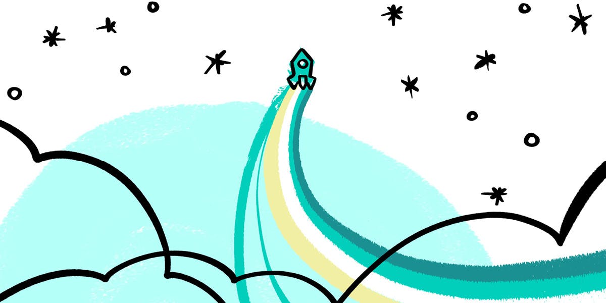 Launch and Innovation Illustration of a rocket launching between clouds and stars in the sky, symbolizing innovation and new beginnings.