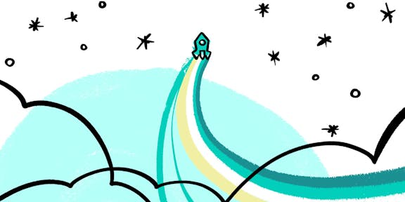 Illustration of a rocket launching between clouds and stars in the sky, symbolizing innovation and new beginnings.