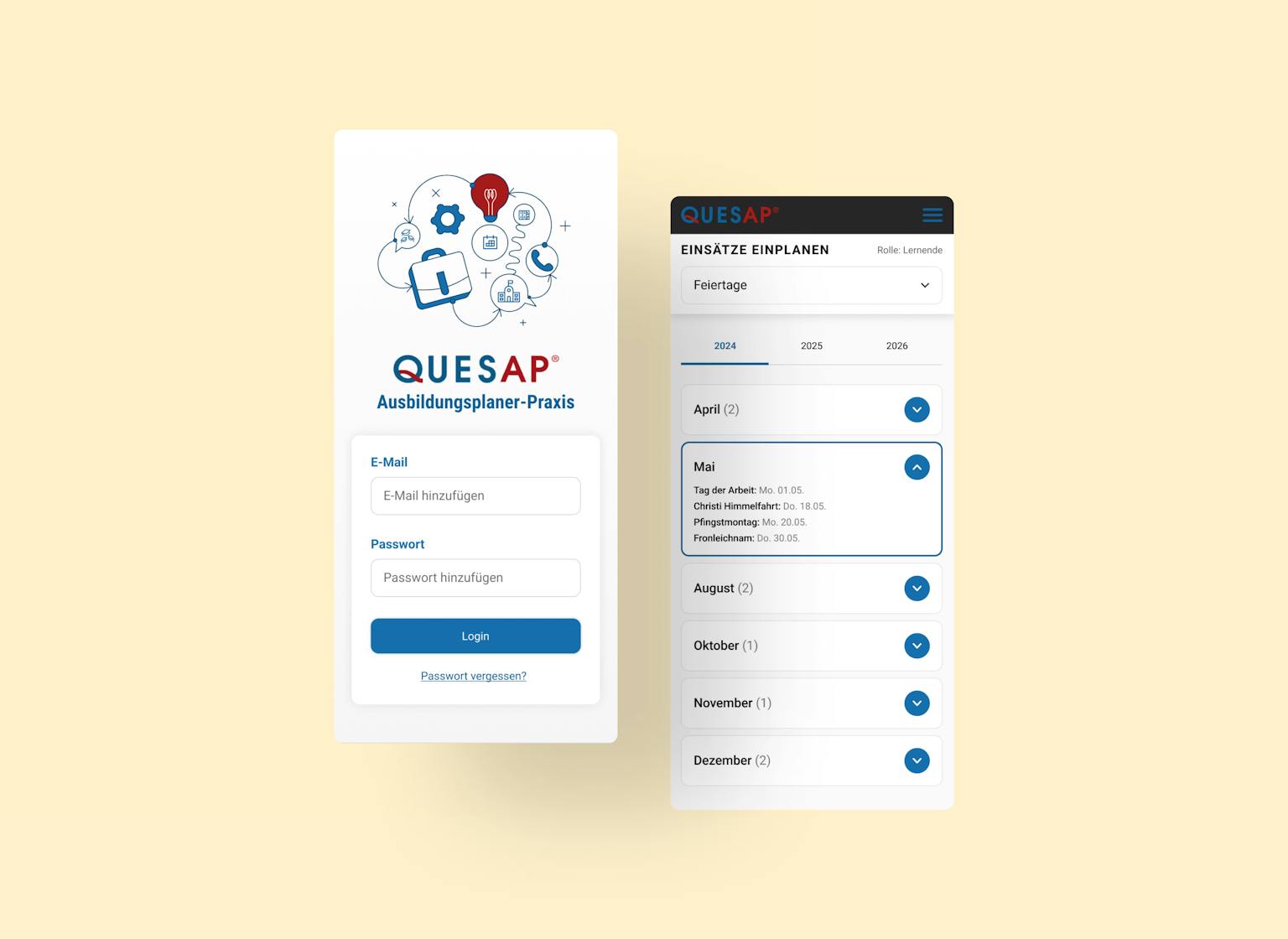 QUESAP training planner practice: Responsive mobile view showing login form and deployment scheduling for multiple months