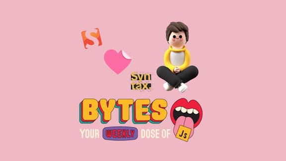 Illustration of a person in a yellow hoodie meditating surrounded by programming symbols and text 'Bytes – Your Weekly Dose of JS' on a pink background