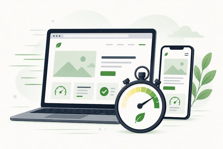 Web Performance and Speed Laptop and smartphone display a performance dashboard with metrics and a stopwatch icon representing fast web performance and optimization