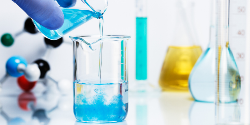science beakers and chemicals
