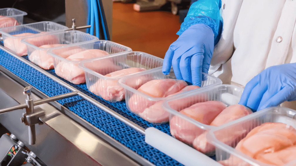 packaged chicken breast on a conveyor belt