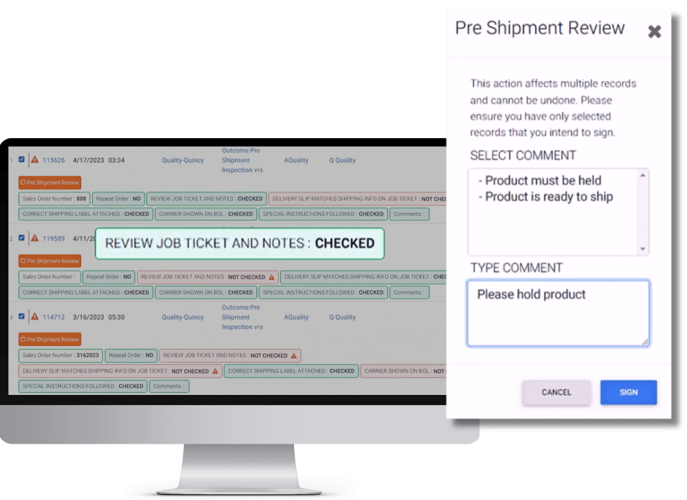 Computer with screen of organized pre-shipment reviews and overdue tasks.