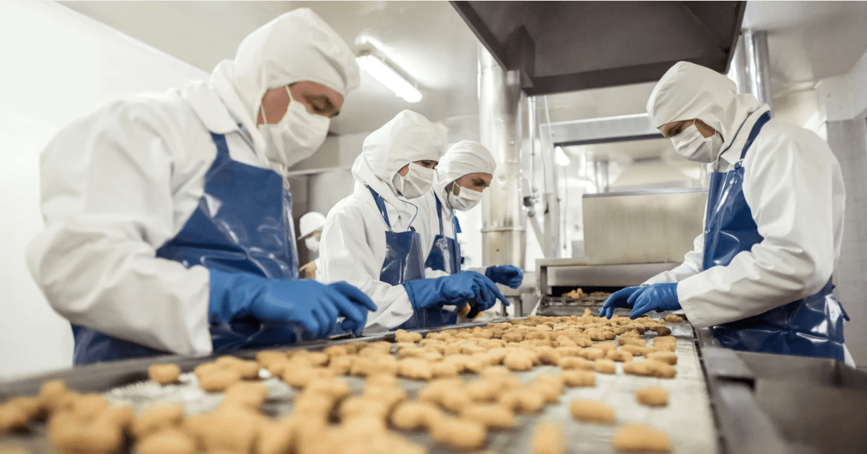 Group of people working at a food factory doing quality control on the production line.