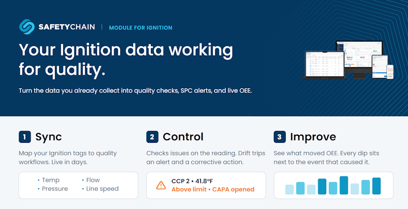 SafetyChain Module for Ignition one-pager: quality checks, SPC alerts, and live OEE from Ignition tags