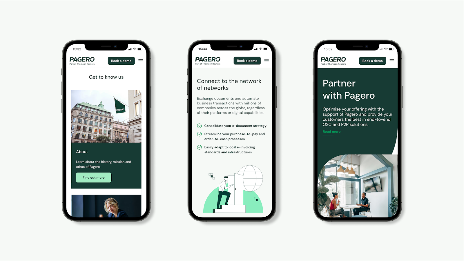 Three phones lined up displaying different pages of the Pagero website.