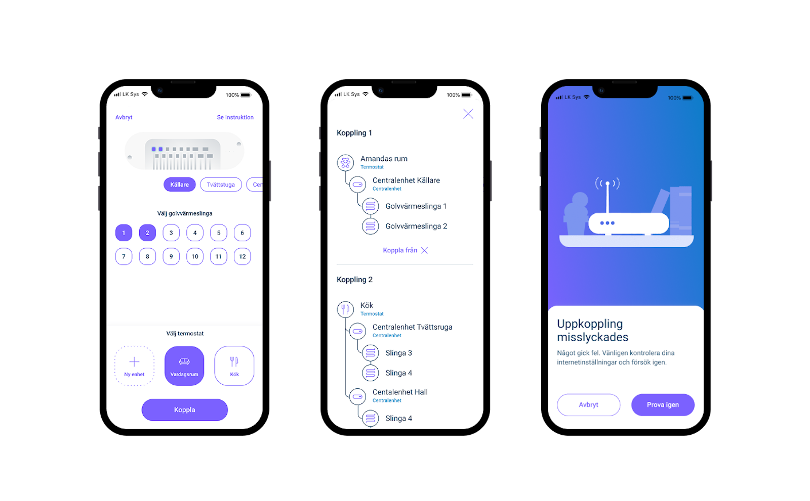 Three smartphones displaying different screens of the LK app interface.