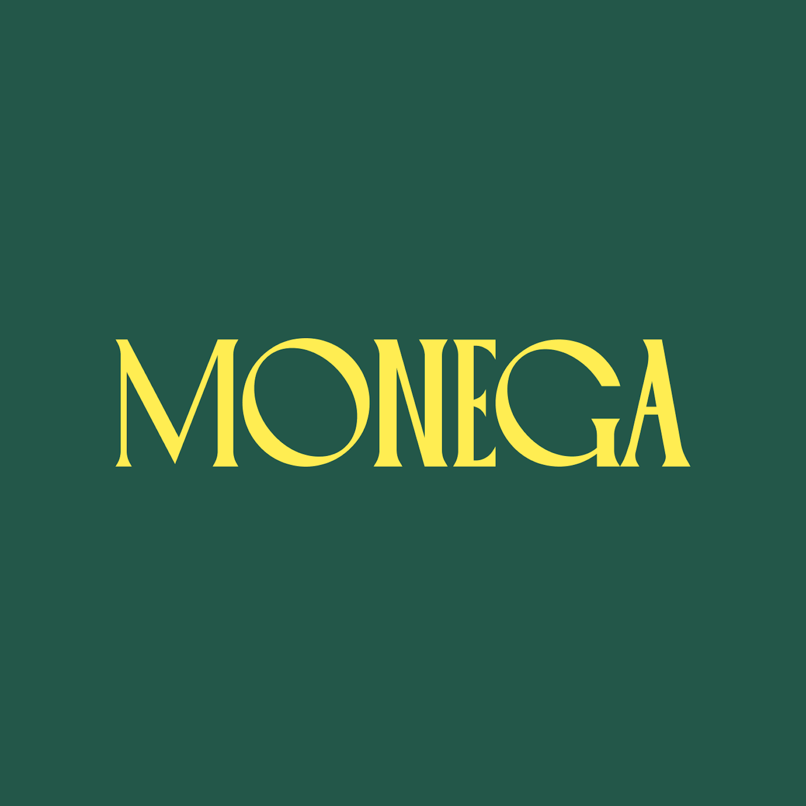 Yellow Monega logo on green background