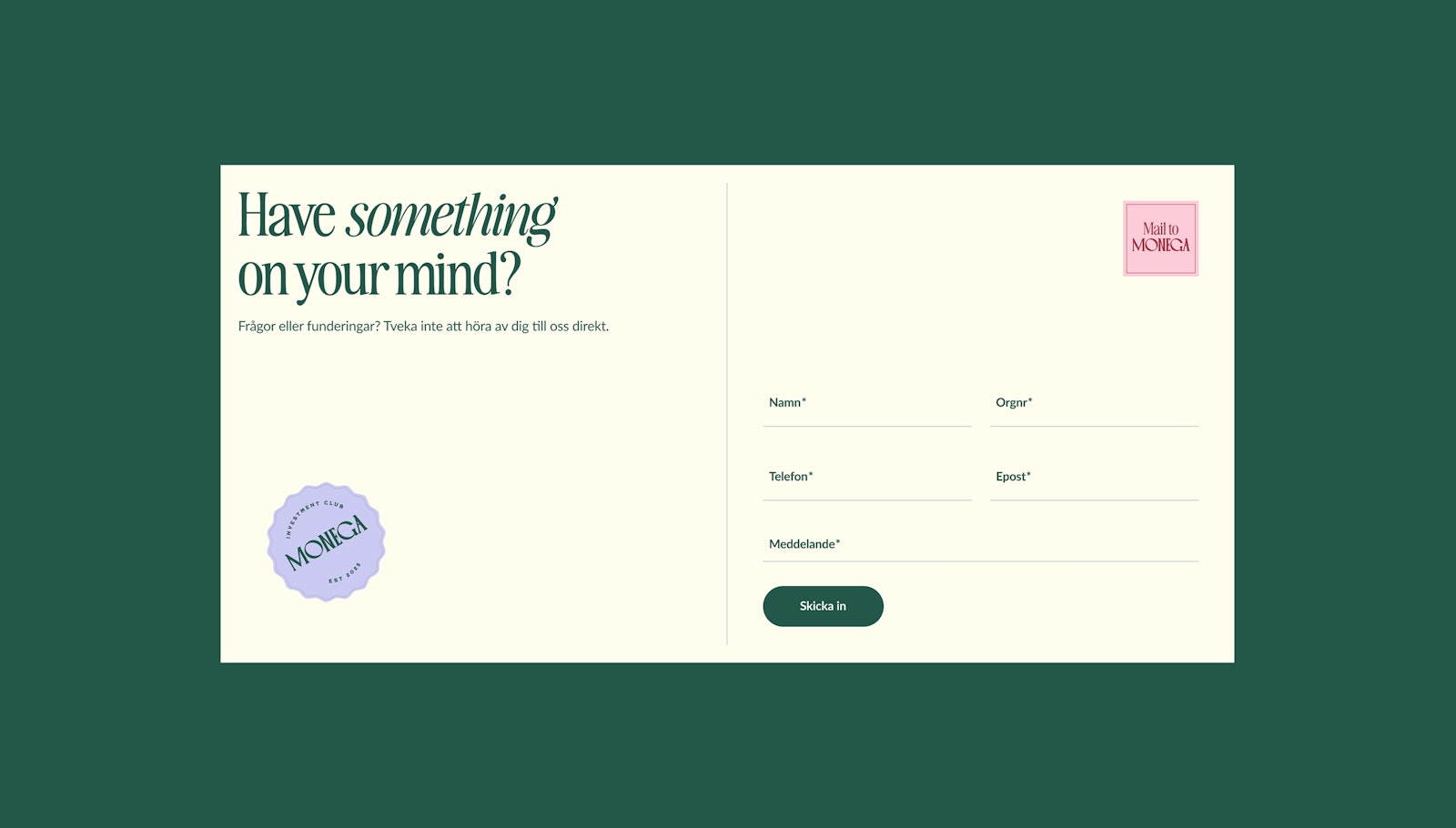 Contact form mockup with text fields for name, subject, email and message on a green background.