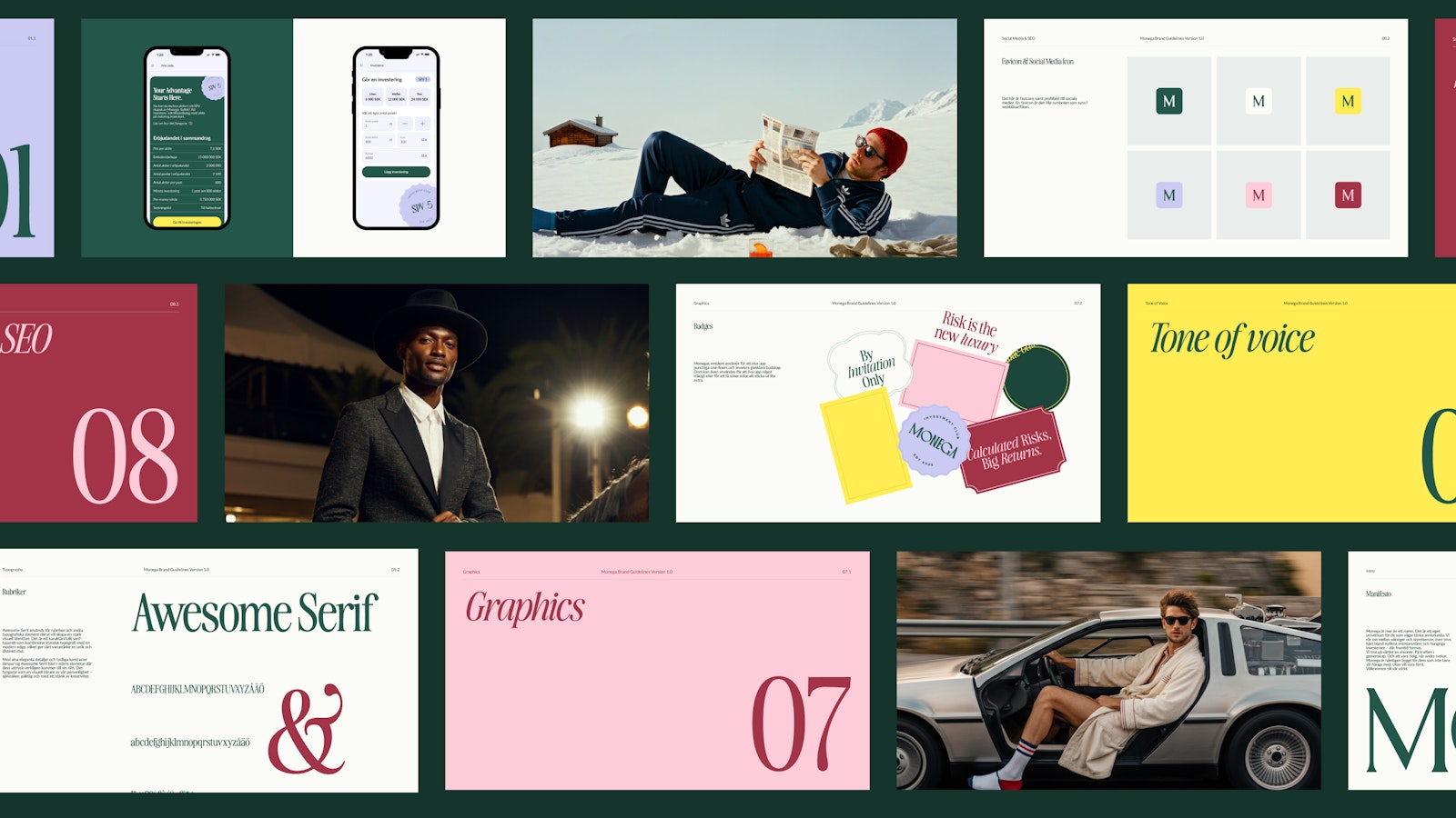 Collage of Monega design elements including app screens, typography, and photos.
