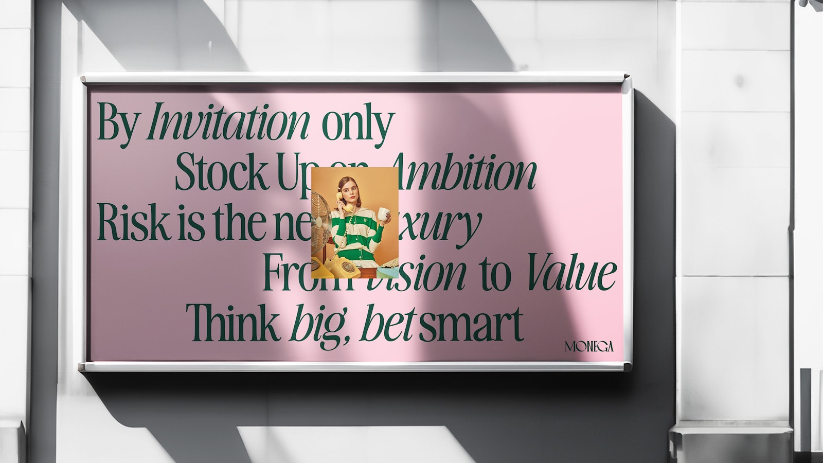 Monega street banner with pink background and motivational finance text.