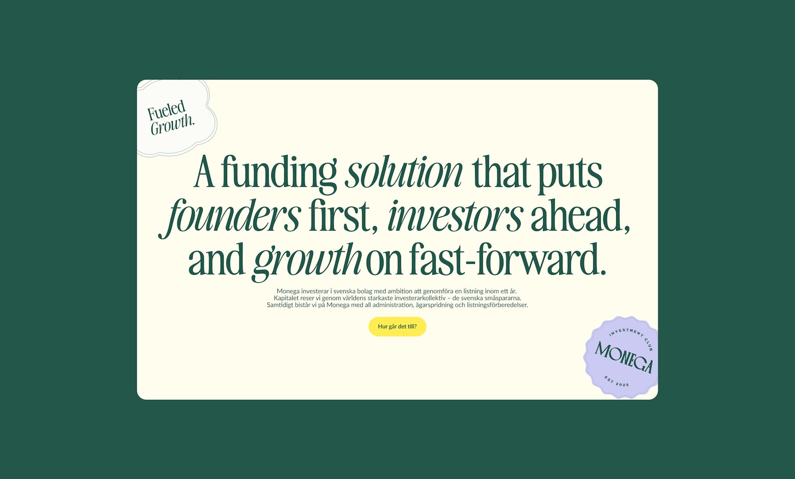 Monega banner with funding solution message on green background.
