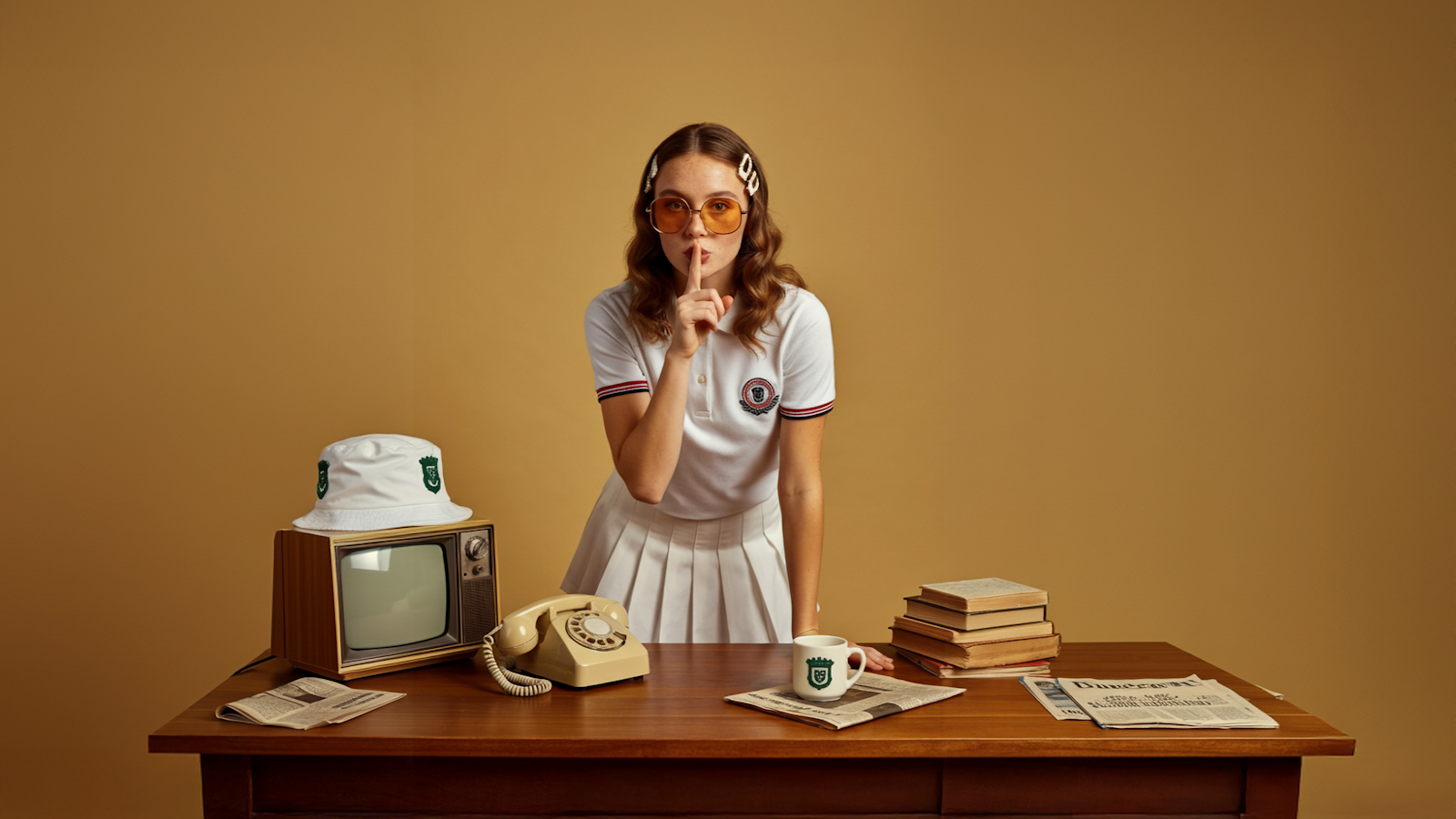 Woman in retro tennis outfit with vintage items.