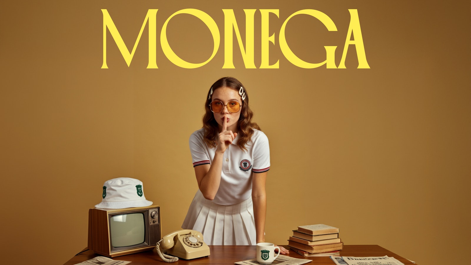 Monega poster showing woman in retro tennis outfit with vintage items.