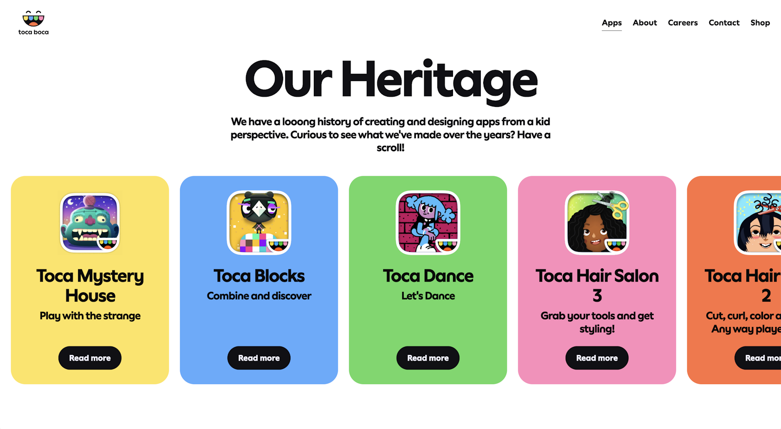 Colorful timeline of Toca Boca app history under the heading 'Our Heritage'.