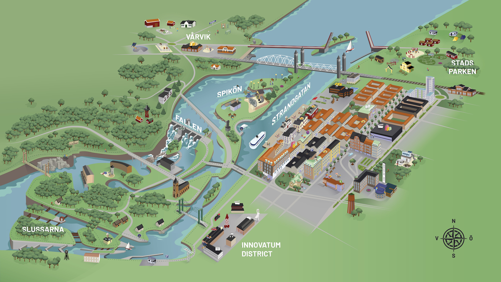 Illustrated map of Trollhätte Kanalpark, showing waterways, bridges, buildings and labeled districts like Innovatum and Spikön.