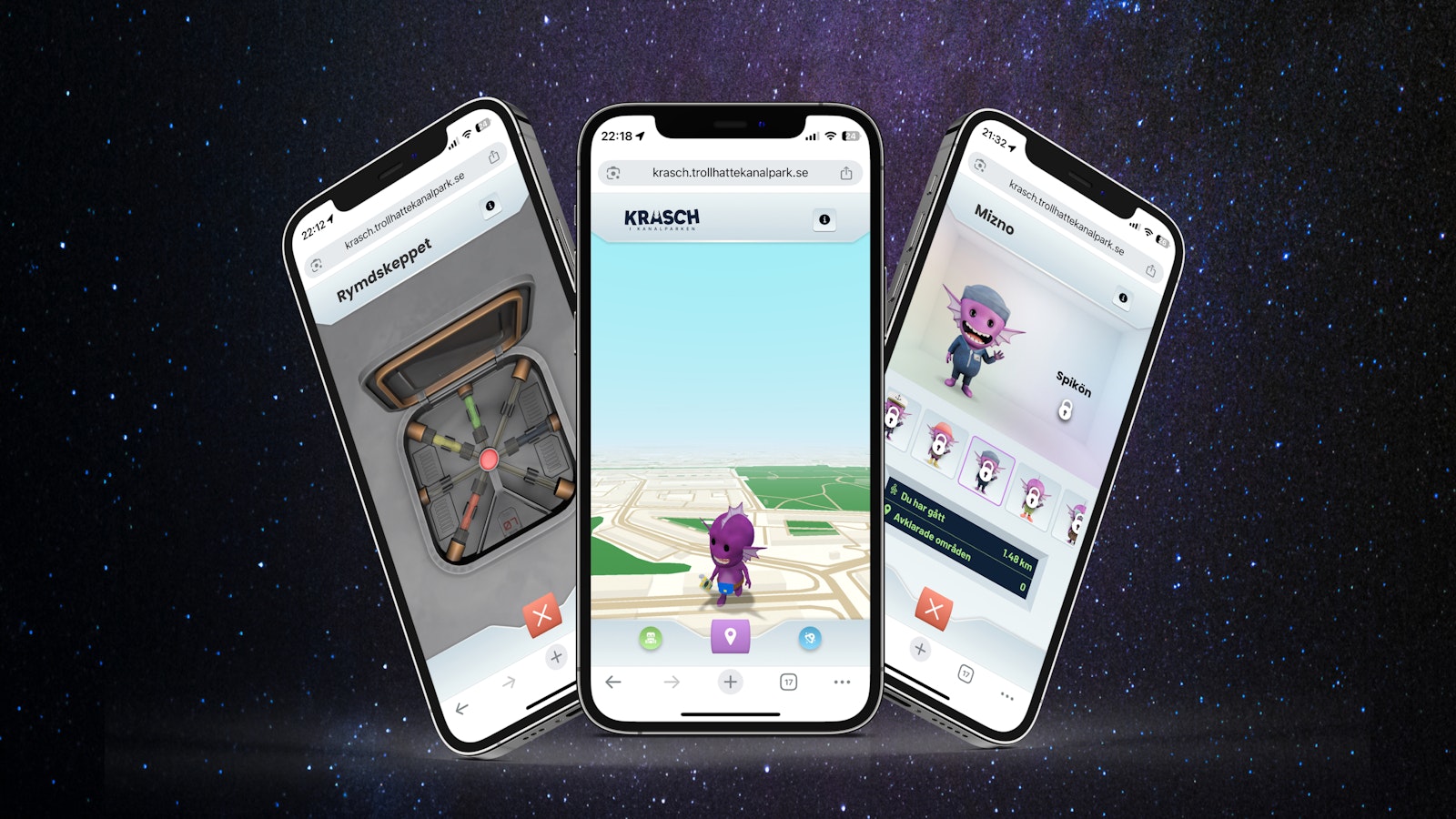 Three phones showing Krasch i kanalparken game screens on a space-themed background.