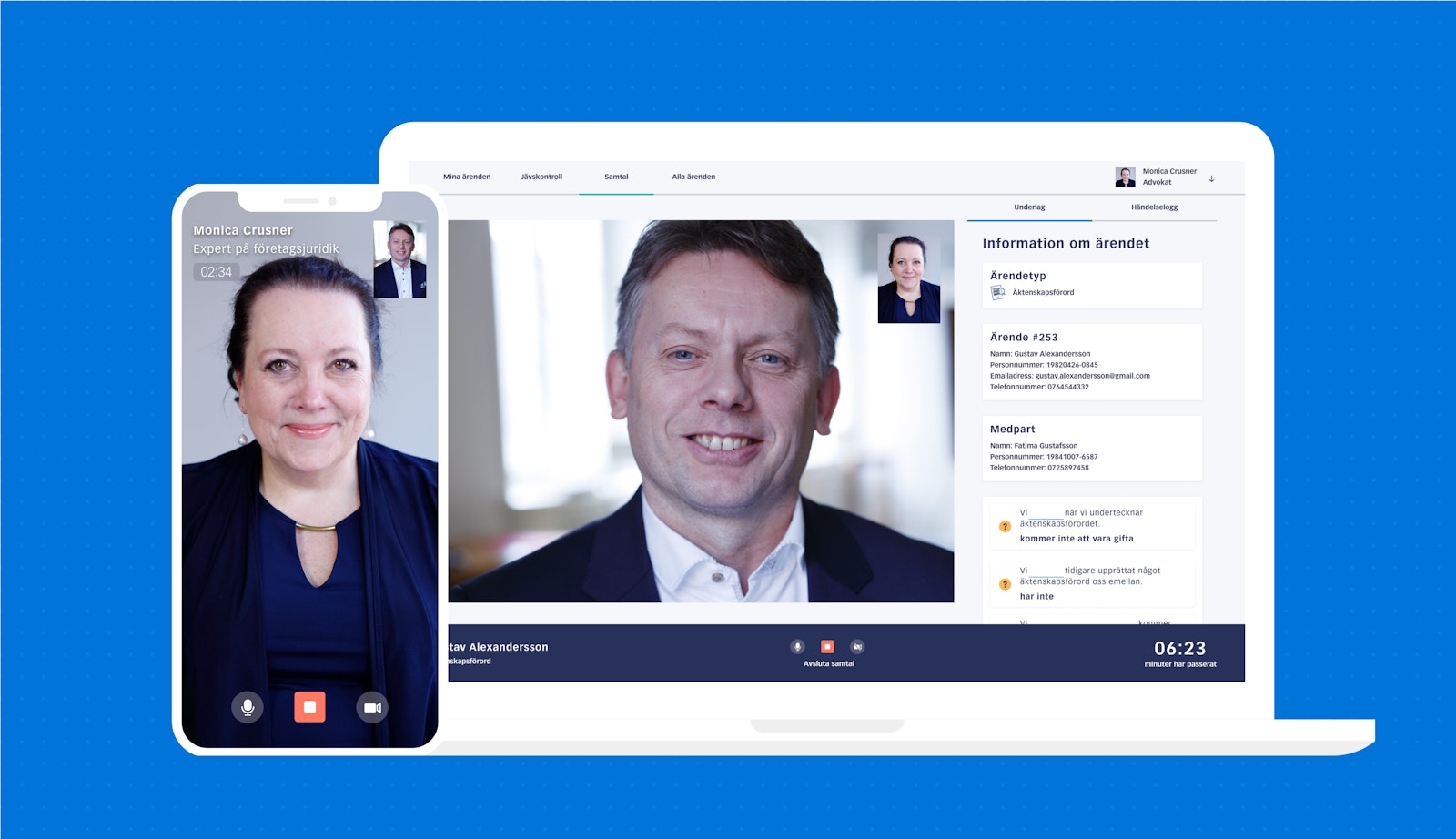 Video call interface showing two people on a laptop screen, with a smaller smartphone screen displaying the same video call.
