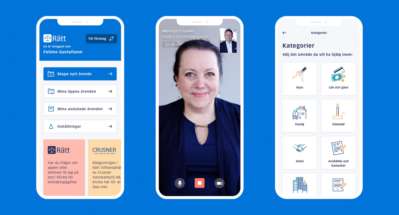 Three smartphone screens displaying a legal app interface: case creation, video call with a woman, and category selection menu.