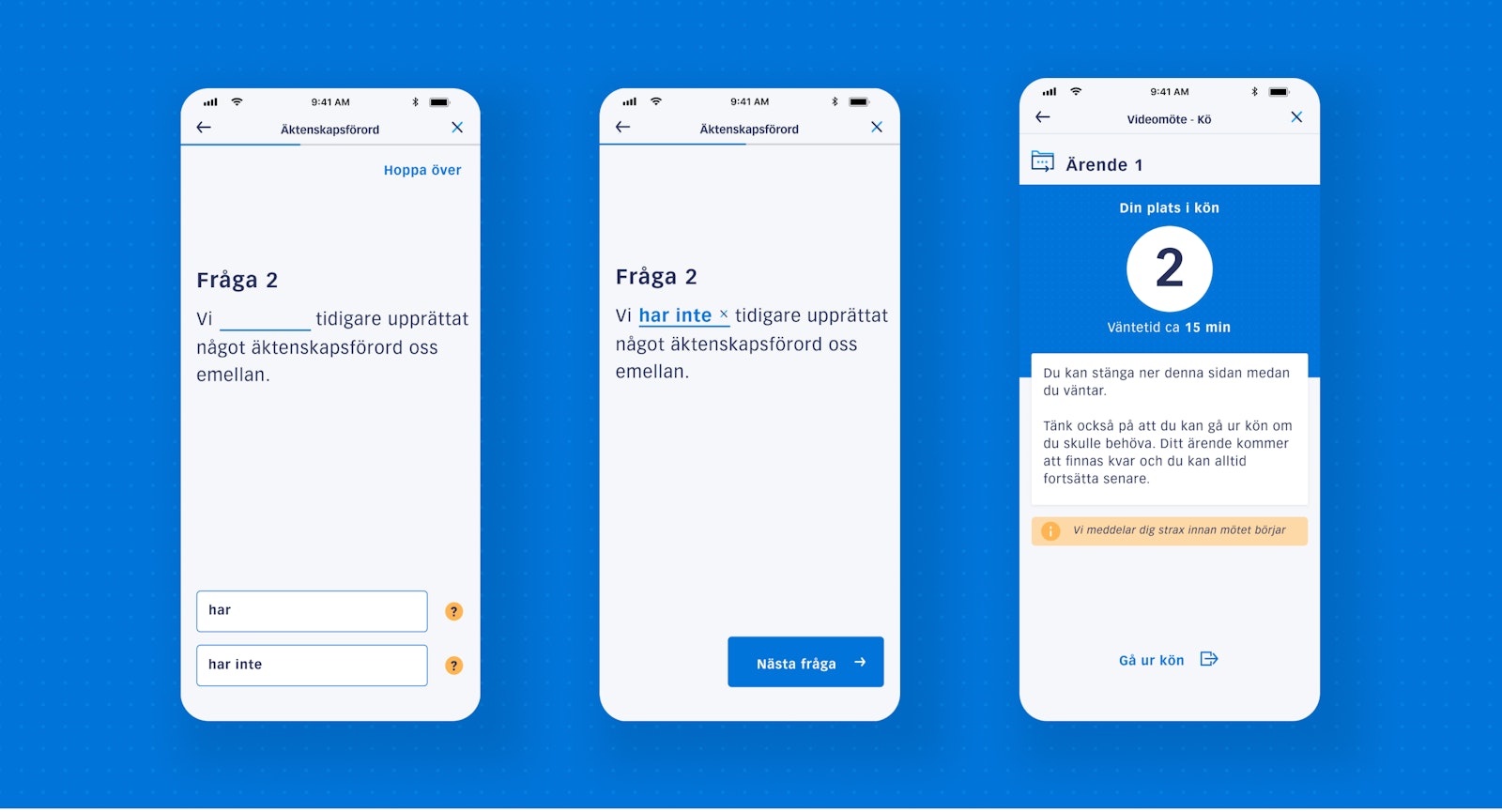 Three mobile screens displaying a step-by-step form interface in Swedish, including question prompts and a summary view.