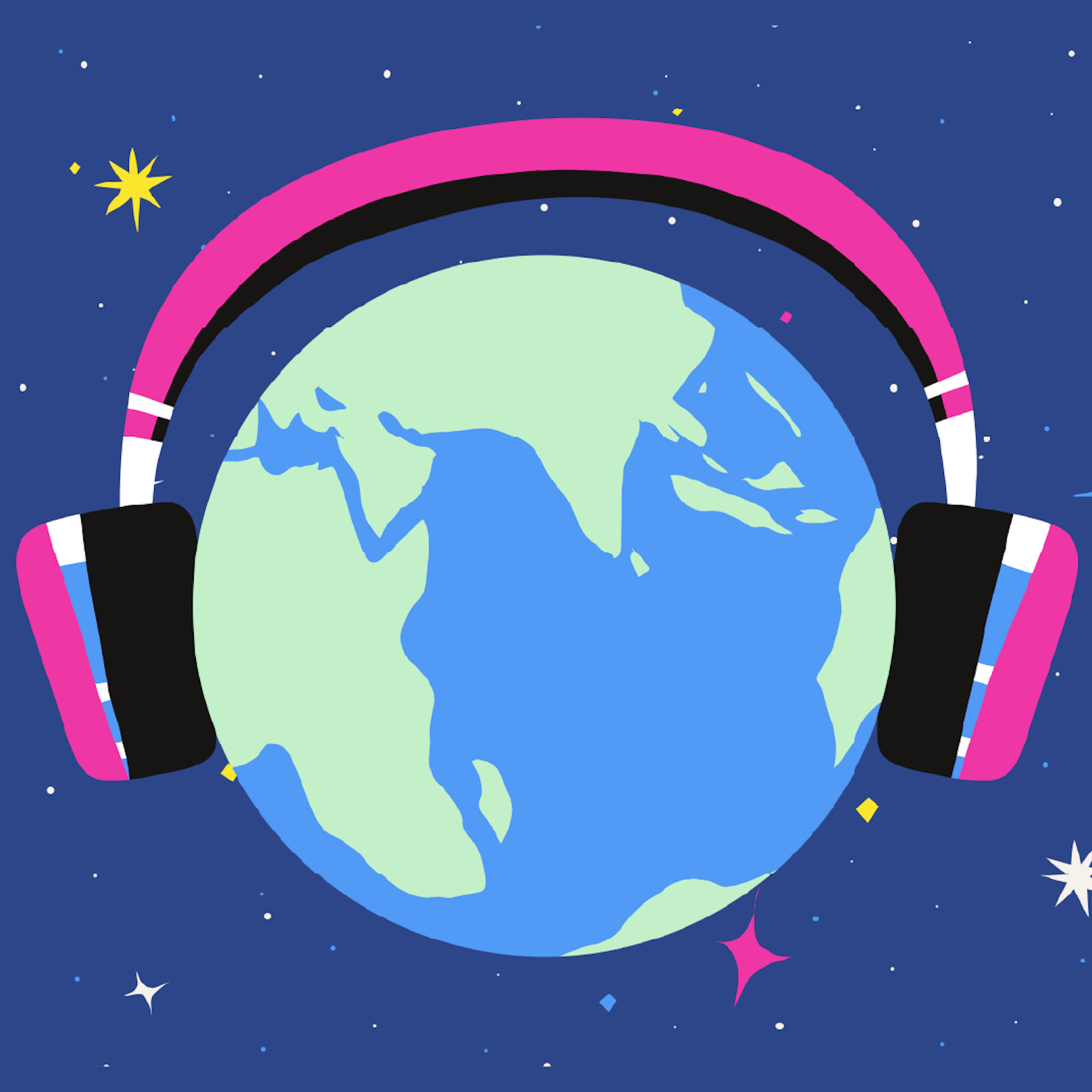 Illustration of earth with headphones on night sky