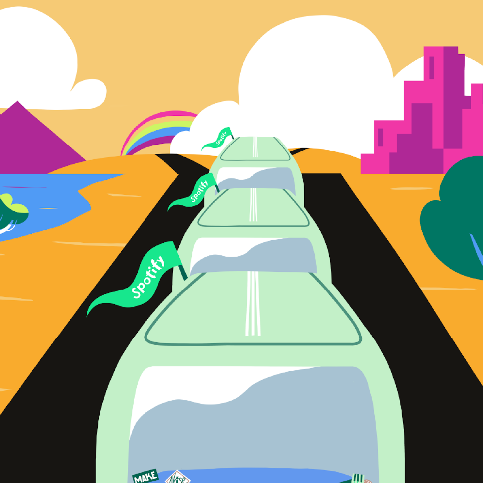 Colorful illustration of several campervans driving on a road with mountains, a rainbow, and a river in the background.