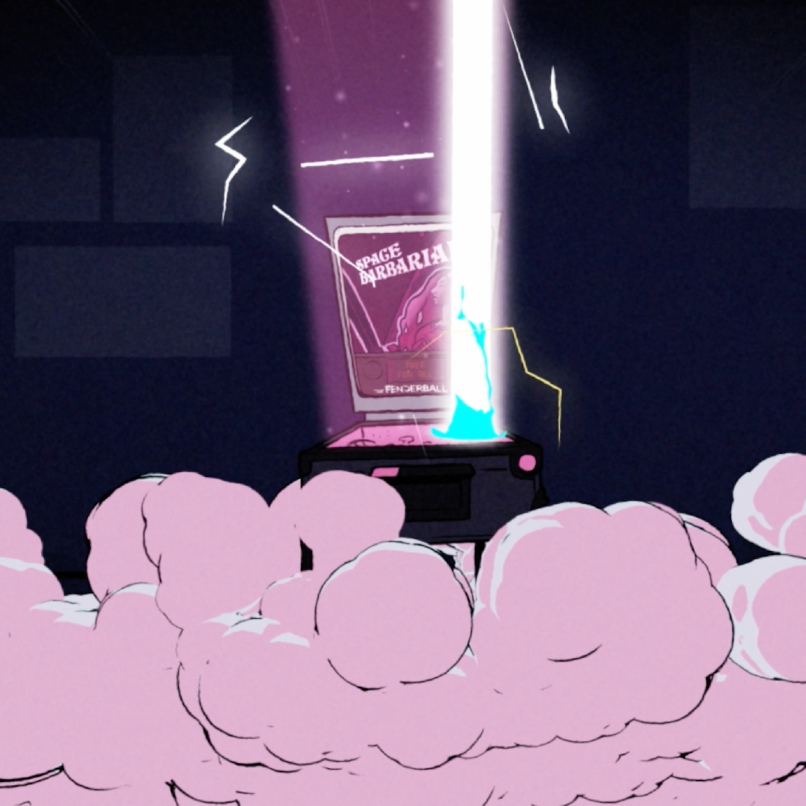 Arcade machine glowing with bright light and surrounded by pink smoke.