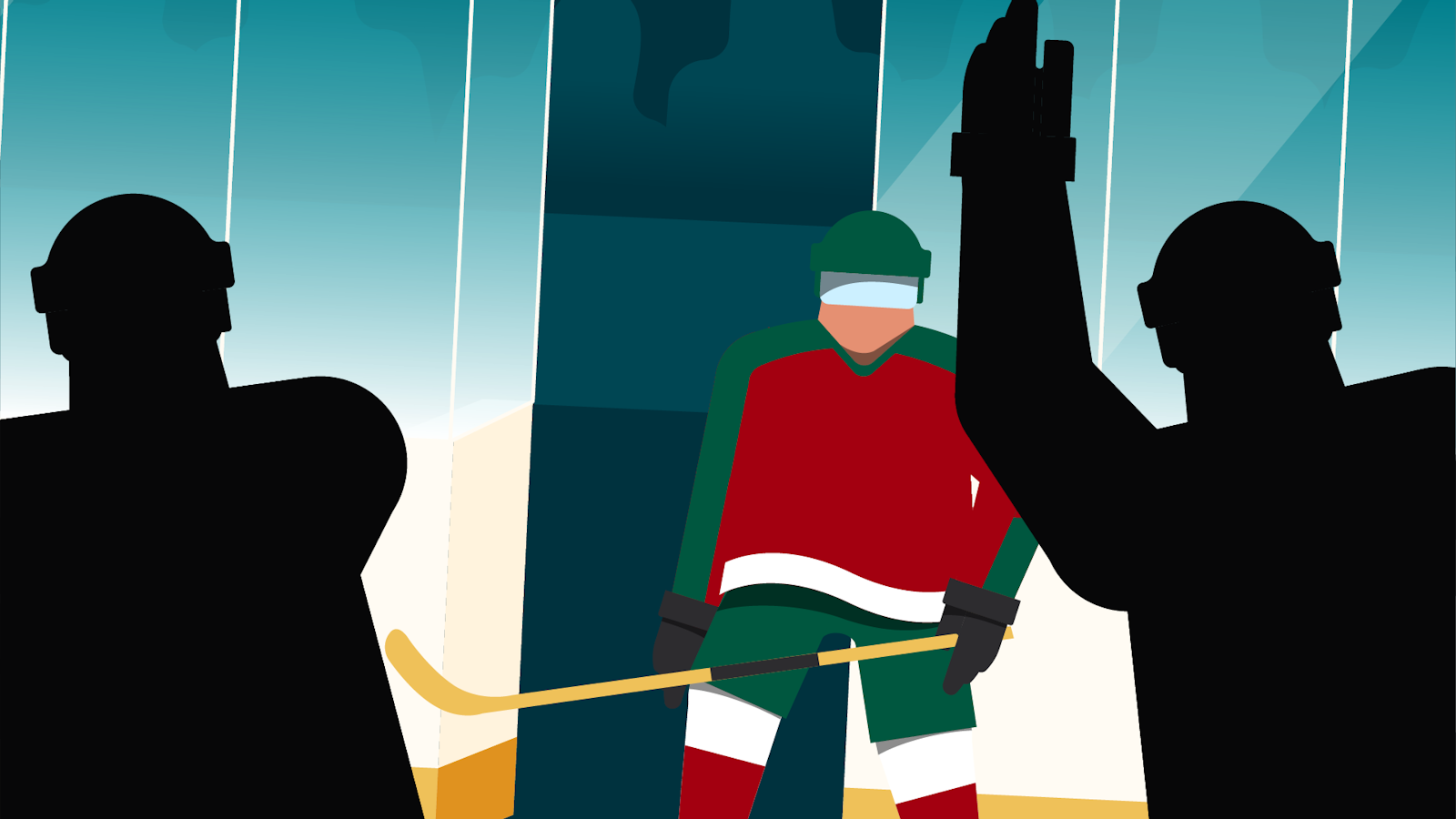 Illustration of a hockey player in red and green uniform on the ice, with two silhouetted figures in the foreground.