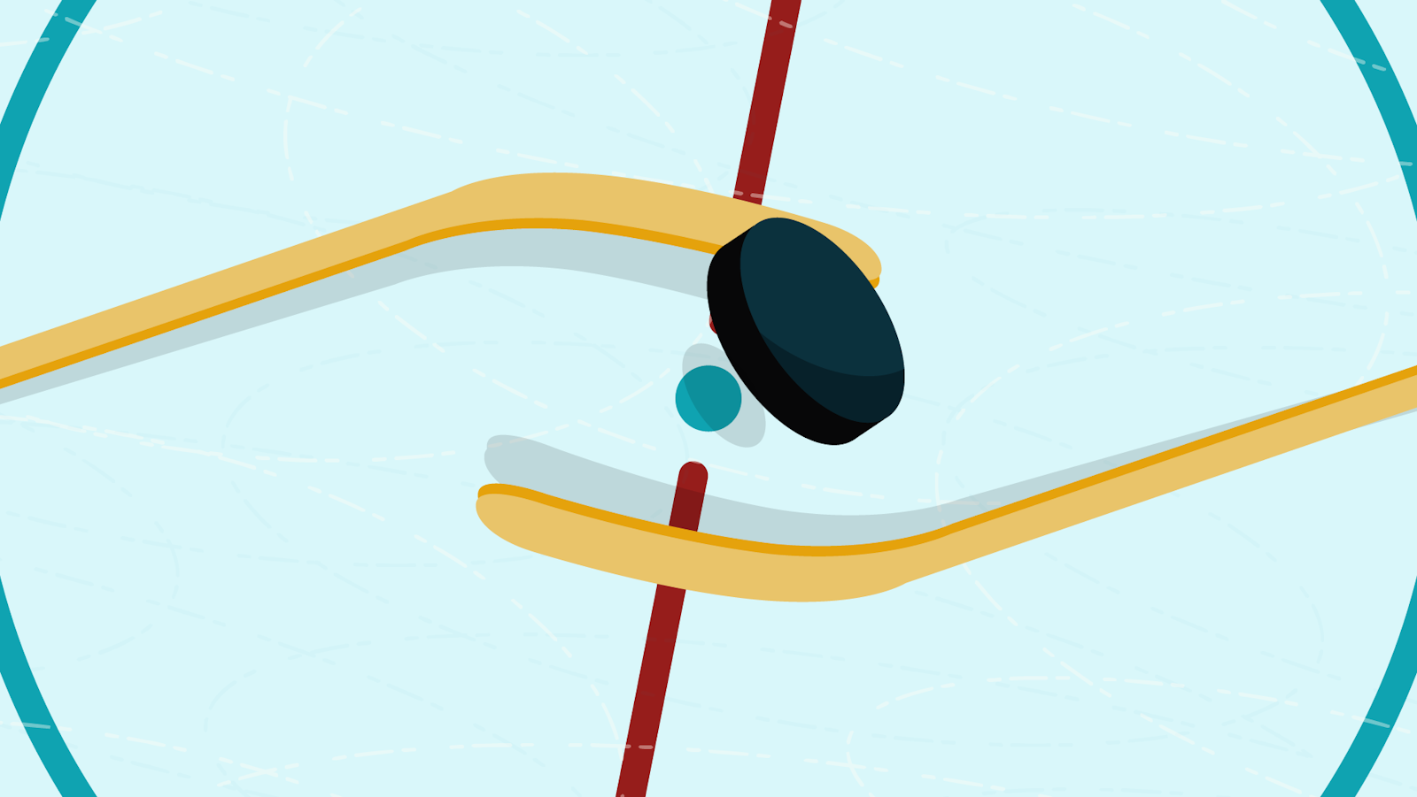 Illustration of two hockey sticks facing off over a puck at center ice.