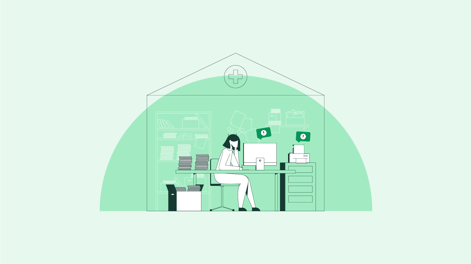 Illustration of girl sitting on chair next to desk with computer and documents