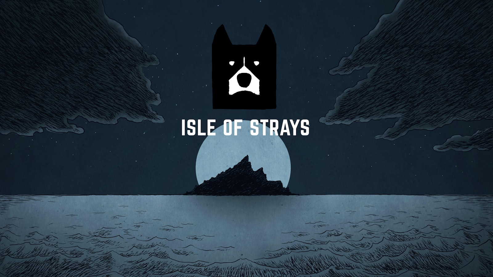 Illustrated landscape poster with the Isle of Strays logo showing a black dog’s face above a mountainous island under a full moon, with waves in the foreground.