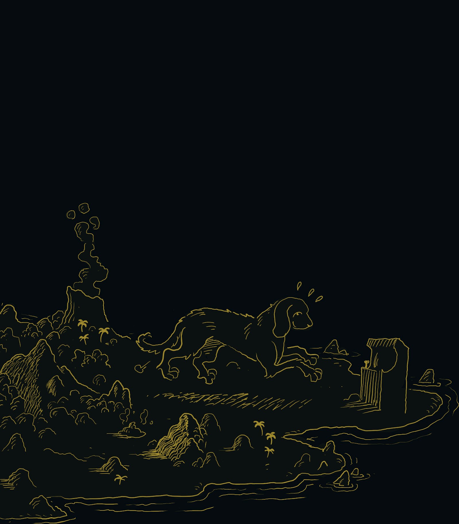 Gold line art showing a dog resting in a surreal landscape with mountains, smoke, and trees, all against a dark background.